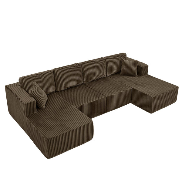 English Elm U-shaped Modular Corduroy Sectional Sofa Sleeper Spacious Living Room Lounge Couch Brown W487S00424