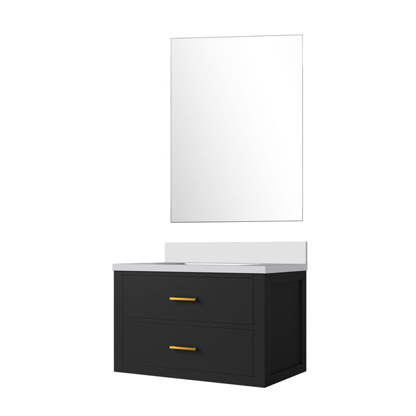 English Elm Black Single Bath Vanity With White Quartz Countertop & Frameless Mirror - Modern, Compact Design B2731S01429