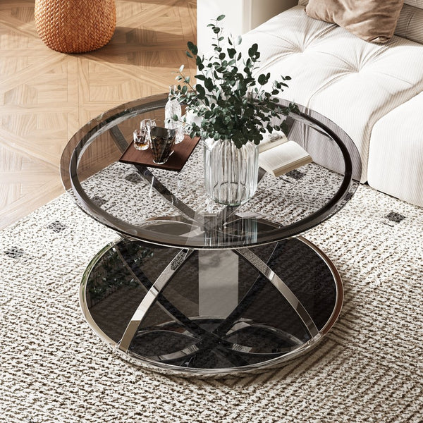 English Elm 31.50'' Round Chrome Ring Glass Coffee Table Two Tier Smoked Tempered Top Modern Living Room W757P412804
