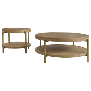 English Elm Benson Round Coffee and End Table Set with Brass Legs Rattan Shelf Accent Sand B062S01402