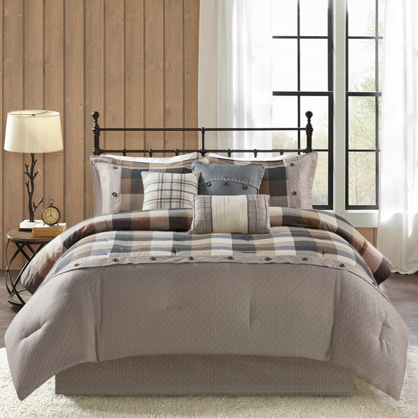 English Elm 7 Piece Herringbone Comforter Set - Cozy Buffalo Plaid Queen Ensemble With Decorative Pillows B03597190