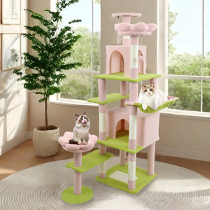 English Elm 71 Inch Floral Cat Tower with Condo Hammock Sisal Posts and Plush Perches for Large Breeds Pink W243P326627