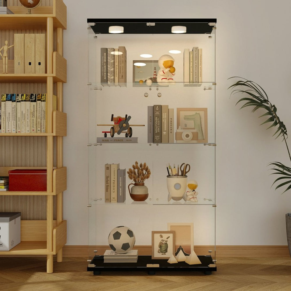 English Elm Tempered Glass Display Cabinet With Multi-Color Led Lights, Lockable Storage, & Adjustable Feet W3155S00001-GIGA