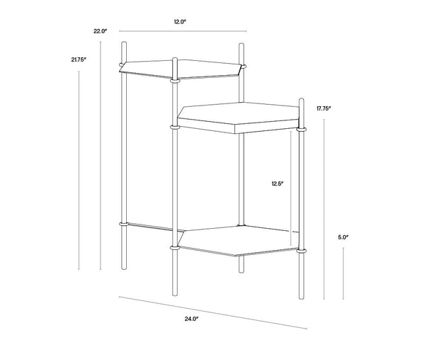 Sunpan Hexall Side Table – Industrial Chic with Hexagonal Shelves, Antique Brass & Black Marble Elegance