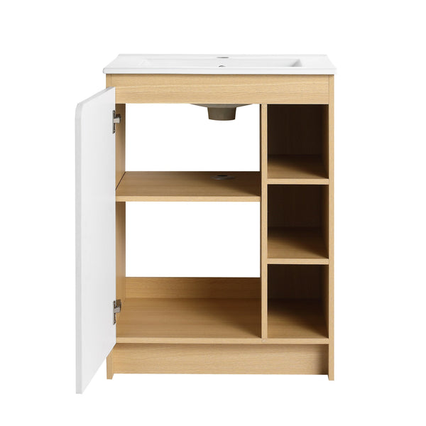 English Elm 24" Freestanding Vanity Light Oak Plywood Ceramic Sink Open Shelves Small Bath W3450P440612