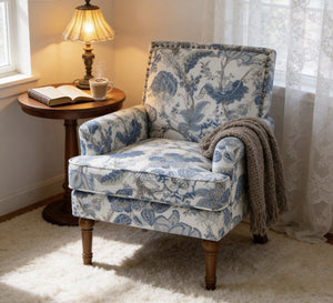 English Elm Accent Slipper Chair Botanical Tapestry Upholstery Nailhead Trim Solid Wood Legs Farmhouse Blue W5568P445699