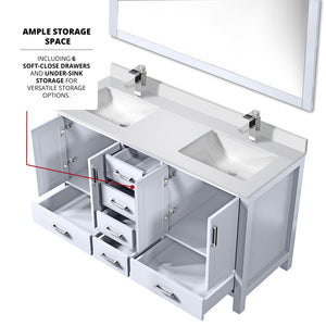 English Elm White Double Bath Vanity 60 in with Cultured Marble Top, Chrome Faucet, 58 in Mirror, Scratch-Resistant Finish B2731S01018