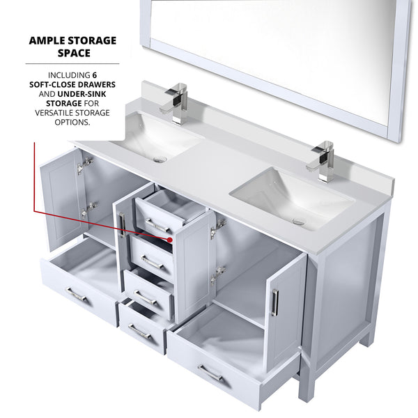English Elm White Double Bath Vanity 60 in with Cultured Marble Top, Chrome Faucet, 58 in Mirror, Scratch-Resistant Finish B2731S01018