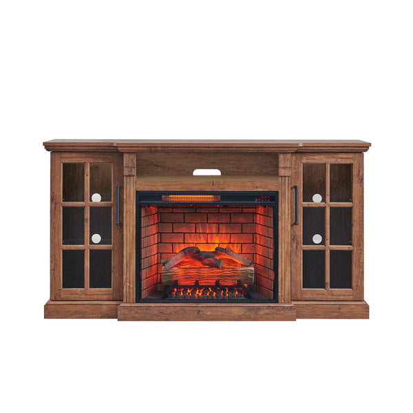 English Elm 65" Fireplace Tv Stand with Led Glass Cabinets and Electric Flame for Rooms up to 400 Sq Ft W1769S00017