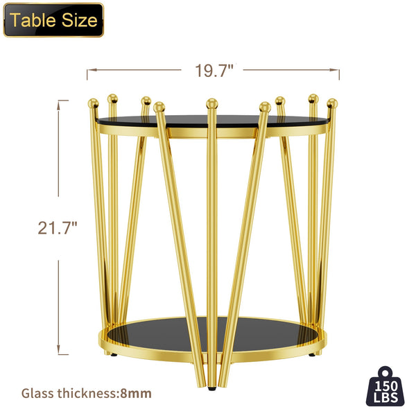 English Elm 19.69inch Gold Round Coffee Table with Crown Frame, 8mm Tempered Glass, Stainless Steel Base, Chic Storage Black W1550P171469