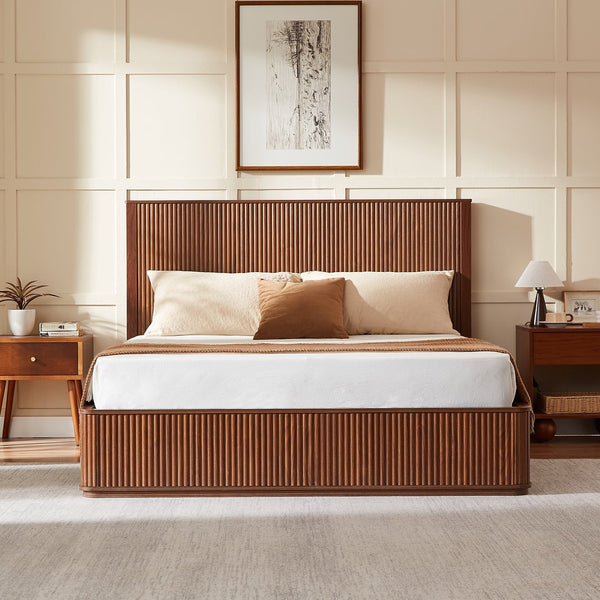 English Elm Natural Fluted Wood Platform Bed Minimalist Queen Frame with Tall Curved Headboard Walnut W5219S00001