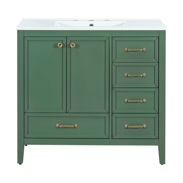 English Elm Christopher Knight Home® - 36" Vintage-inspired Bathroom Vanity with Ceramic Sink, Solid Wood Frame, Soft-Close Drawers, Spacious Storage Green N759P293646F