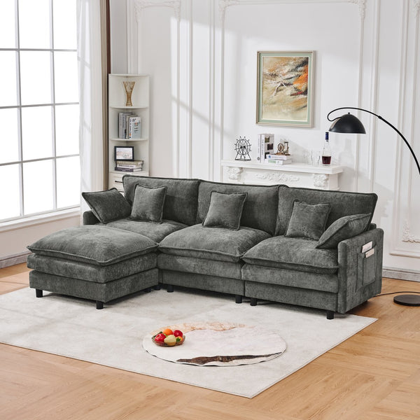 English Elm 101.9-inch Chenille Modular Sofa with Movable Footstool for Living Room Comfort W288S00033