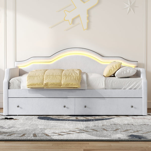 English Elm Full Size Upholstered Daybed With Led Accent, 2 Storage Drawers, Velvet Finish In Elegant Beige N7500001852A