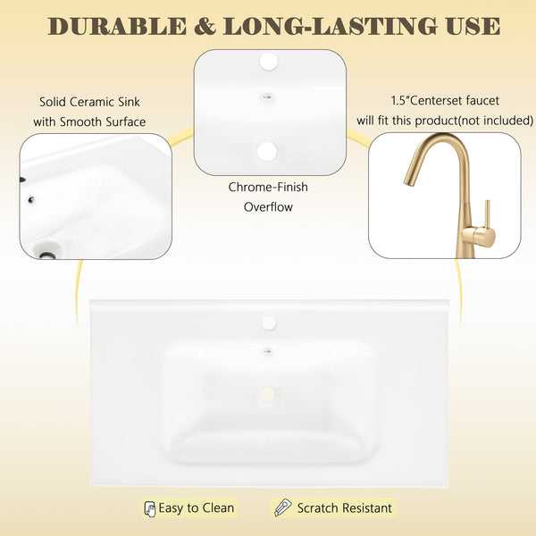 English Elm 35.6" Freestanding Bathroom Vanity with Roman Column Base and Ceramic Integrated Sink White W1801S00003