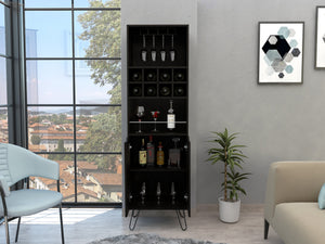 English Elm Sheffield Industrial Bar Cabinet with Eight Bottle Cubbies and Steel Legs for Home Entertaining B128S00158