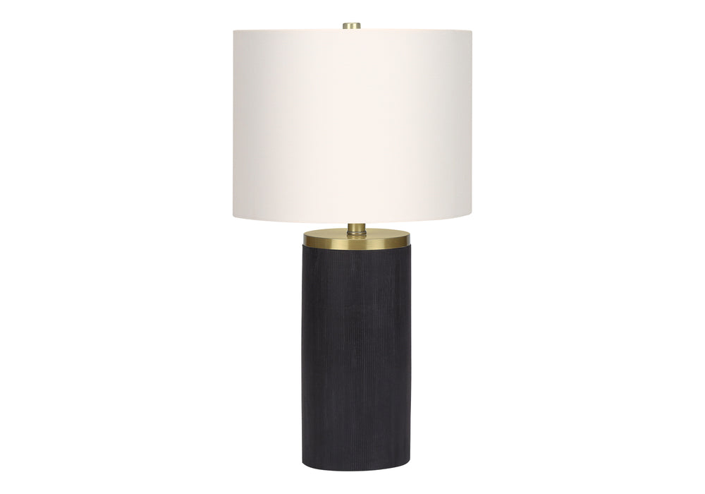 English Elm Lighting, Sleek 24" Table Lamp with Ribbed Black Concrete Base, Gold Accents & Ivory Linen Drum Shade — Modern Ambiance, 3-Way B2710P220126