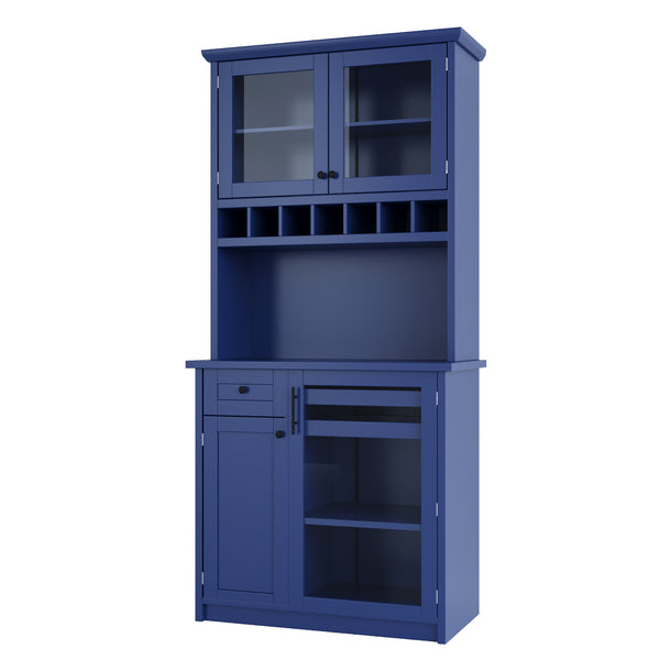 English Elm Topmax Farmhouse Buffet Hutch with Wine Rack Shaker Glass Pantry Cabinet Blue N717P327043C