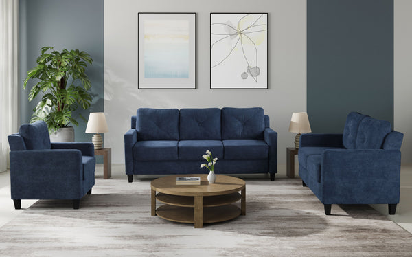 English Elm Horatio Navy Chenille 3PCS Living Room Set — Elegant Pocket Coil Sofa, Loveseat & Chair Comfortably Crafted B2726S00186