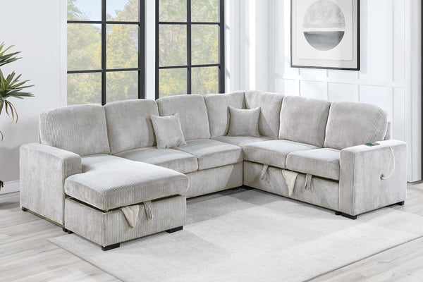 English Elm Modern Corduroy 4-piece Sectional with Storage Pull Out Bed and Usb Charging Port Ivory B011S02179