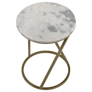 English Elm Balboa Honed Marble Round Side Table with Geometric Antique Gold Iron Base B062P447809