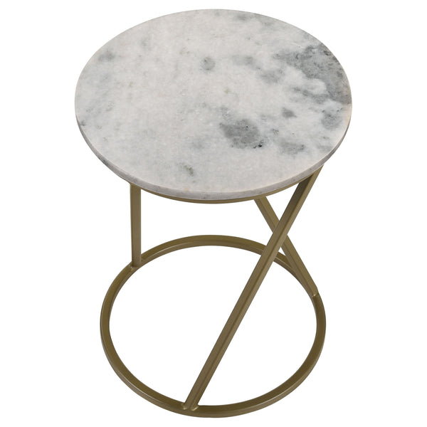 English Elm Balboa Honed Marble Round Side Table with Geometric Antique Gold Iron Base B062P447809