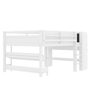 English Elm Twin Low Loft Bed Solid Pine Frame Kids Study Desk Blackboard Storage White Light White W1580S00299