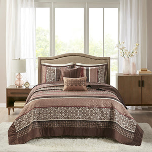 English Elm 5 Princeton Reversible Jacquard Quilt Set King/Cal King Chocolate Medallion Leaf Stripe Luxury Red 22.83 L x 17.32 W x 10.24 H B03597548