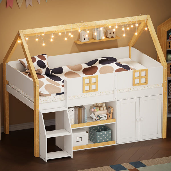 English Elm Twin-size Pine Low Loft Bed with House Canopy Step Stairs Storage Cabinet Led Lights N7090005032K