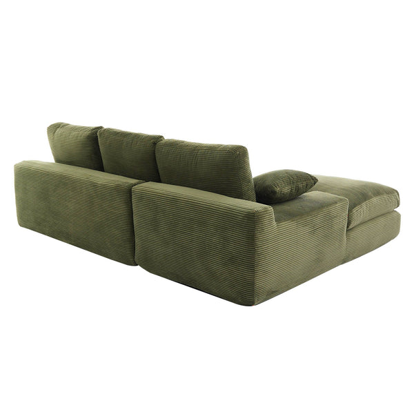 English Elm Green corduroy compressed sofa with 3 back cushions & 2 throw pillows — soft, resilient, space-saving comfort W3612S00016