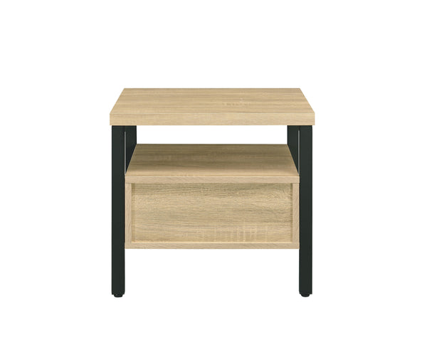 English Elm Yawan Oak Accent Table with Black Metal Legs, 1 Drawer & Shelf, Compact Storage Nightstand, 40lb Top B2726P287569