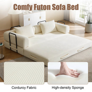 English Elm 78 Inch Corduroy Convertible Sofa Sleeper Futon with Foldable Armrests for Studio Rooms Beige W5385P455031