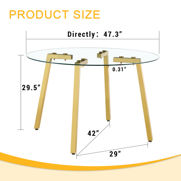 English Elm Modern Round Tempered Glass Dining Table with Gold 7-Shaped Legs, 47.3" Clear Top, Durable Luxury W1151S01881