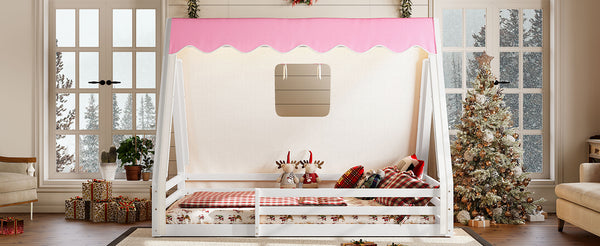 English Elm Twin Montessori Floor Bed Solid Pine Teepee Frame with Guardrails and Canopy Light White+Pink W1580P369467