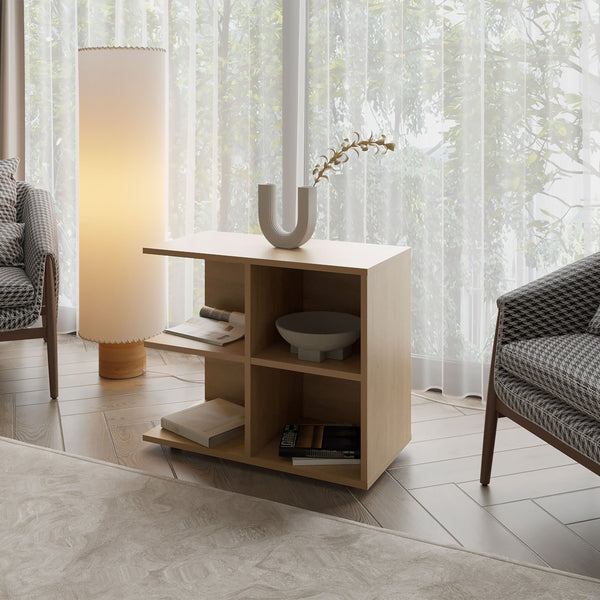 English Elm Angus Minimalist Side Table with 4 Open Shelves, Natural Oak Finish — Versatile Storage for Home B128P375309