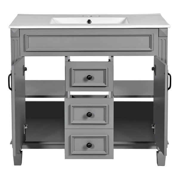 English Elm 36'' Modern Bathroom Vanity With Black Ceramic Top, Soft-Close Doors & Drawers For Stylish Storage N710P230231E