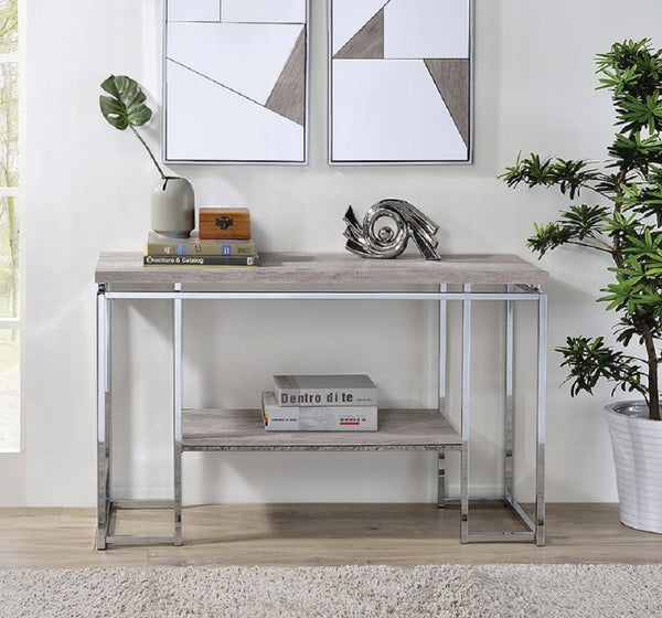 English Elm Modern Minimalist End Table with White Wood Top and Gold-Finish Metal Legs for Chic Living Spaces Chrome,Oak 21.5 L x 52.5 W x 7 H B2741P337715