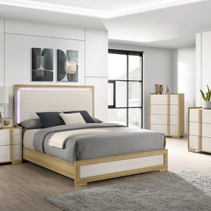English Elm Lincoln Queen LED Panel Bed with Natural & White Two-Tone Finish, Tap-Lit Headboard, Modern Glow B062S01365