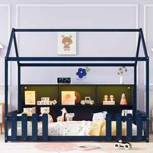 English Elm Twin House Bed with LED Light and Built-In Bookshelf, Solid Wood Playhouse Design for Kids Safety Navy Blue 78.15 L x 15.75 W x 6.1 H W2593P269090