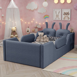 English Elm Twin Kids Platform Bed Teddy Fabric Upholstered with Bunny Cushions and Safety Rails Gray W2593P395809