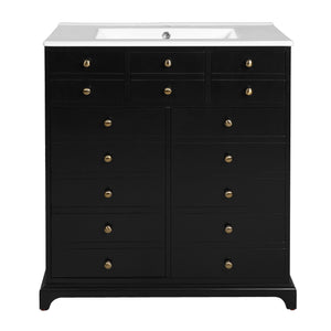 English Elm 30'' Solid Wood Frame Bathroom Vanity with Ceramic Sink, Retro Black Freestanding 2-Drawer Cabinet N710P276724B
