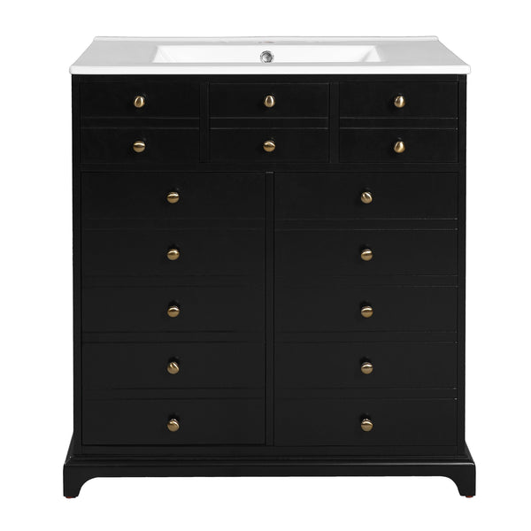 English Elm 30'' Solid Wood Frame Bathroom Vanity with Ceramic Sink, Retro Black Freestanding 2-Drawer Cabinet N710P276724B
