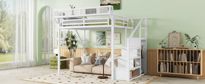 English Elm Full Size Loft Bed With Stairs & Shelves - Stylish Metal High Loft Bed For Kids & Teens, White Finish W2580S00032