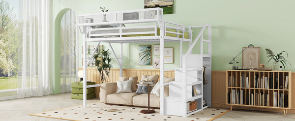 English Elm Full Size Metal Loft Bed with Stair Wardrobe and Shelves for Kids Teen Rooms W2580S00056