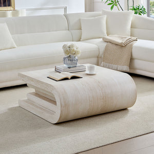 English Elm 33.86 Inch Square Faux Travertine Coffee Table Sculptural Tiered Base Living Room W2582P425211
