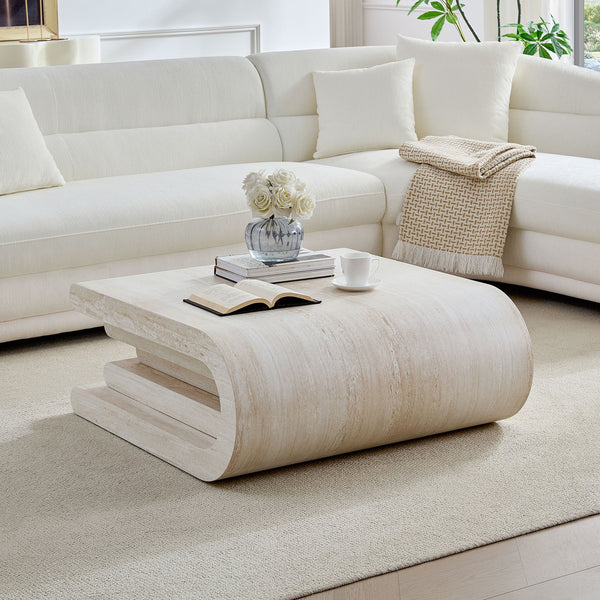 English Elm 33.86 Inch Square Faux Travertine Coffee Table Sculptural Tiered Base Living Room W2582P425211