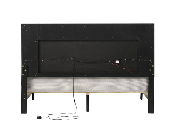 English Elm Grey Queen LED Bed with Padded Headboard, 12-Slat Support & Sturdy Legs for Comfort and Durability B062P215387