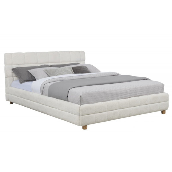 English Elm Modern Upholstered Bed Queen Platform Frame with Plush Grid Jute Fabric, Low-Profile Eco Chic Design White 84 L x 11 W x 9 H B011S01859