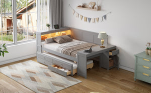 English Elm Full Size Pine Wood Platform Daybed with Led Headboard Desk Storage and Charging Gray N7090000475E-1
