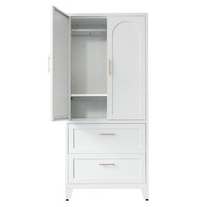 English Elm 71" Tall Metal Wardrobe Cabinet with 2 Drawers, Adjustable Shelf & Hanging Rod — Space-Saving White Closet Organizer W3387P351602